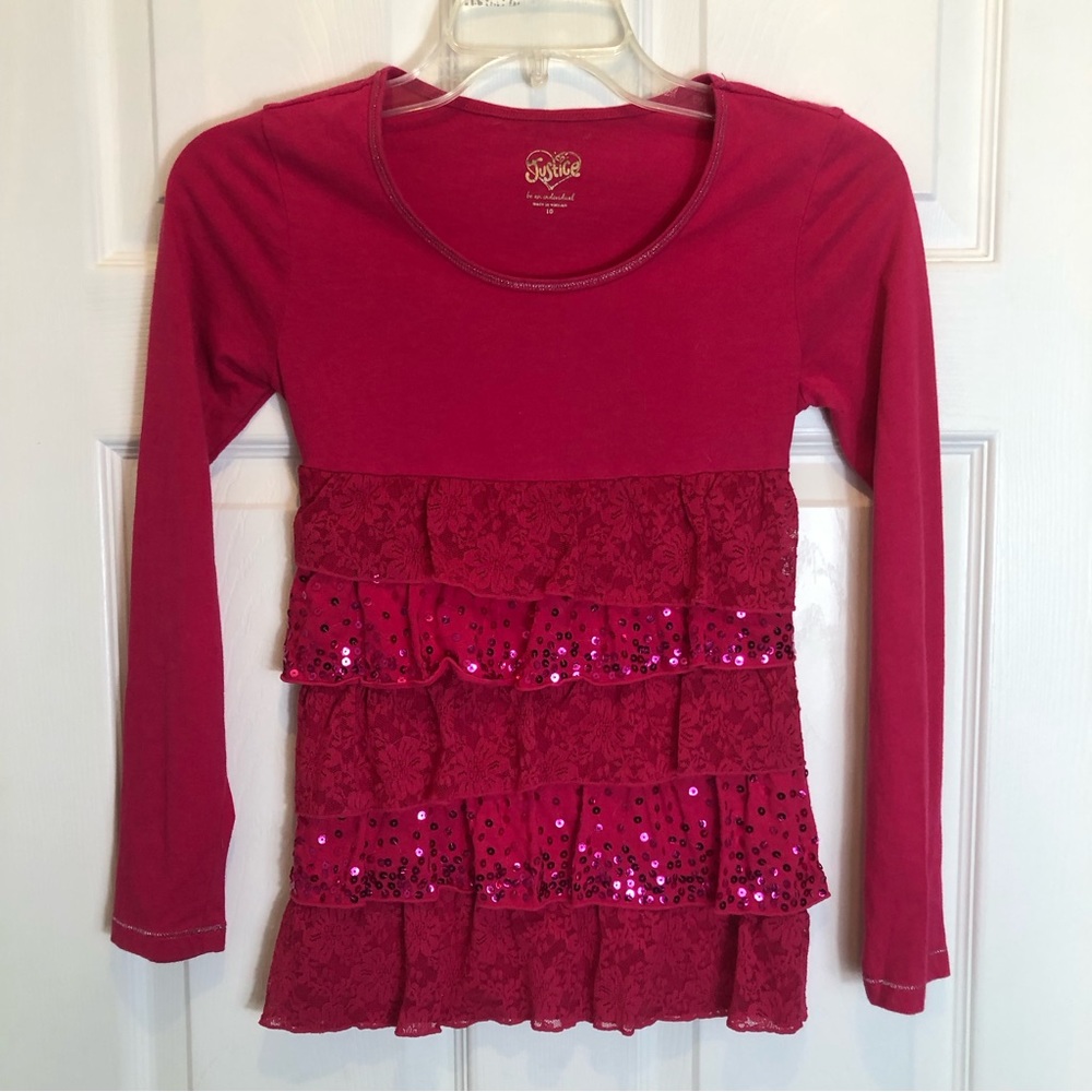 Justice Long Sleeve Tiered Ruffle Sequin Top. Girls Size 10